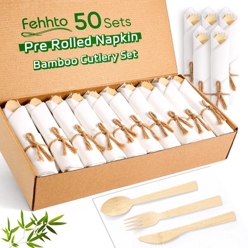 Napkin and bamboo cutlery - bamboo, set